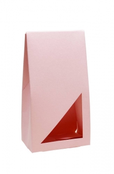 Köcher Kraftpapier rosa-matt für ca. 150g mit Fensterausstanzung Dreieck, solange Vorrat!